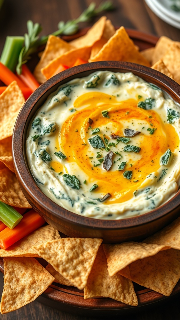 Creamy spinach artichoke dip in a bowl, surrounded by tortilla chips and vegetable sticks.